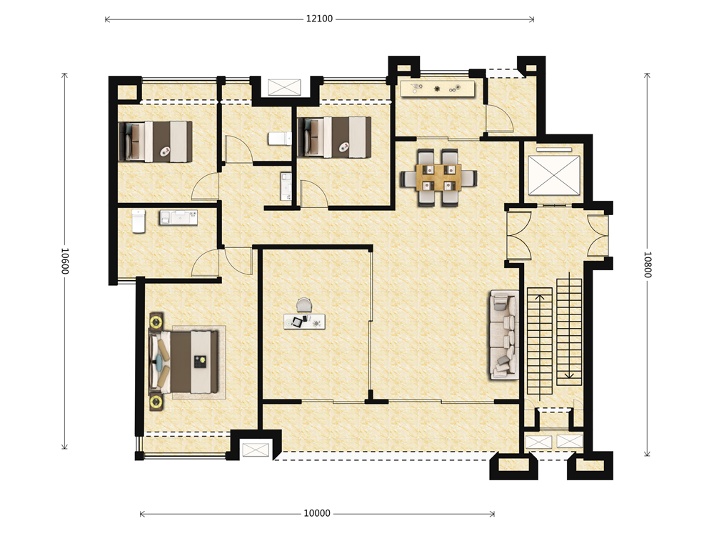 89m²三居室欧式-户型