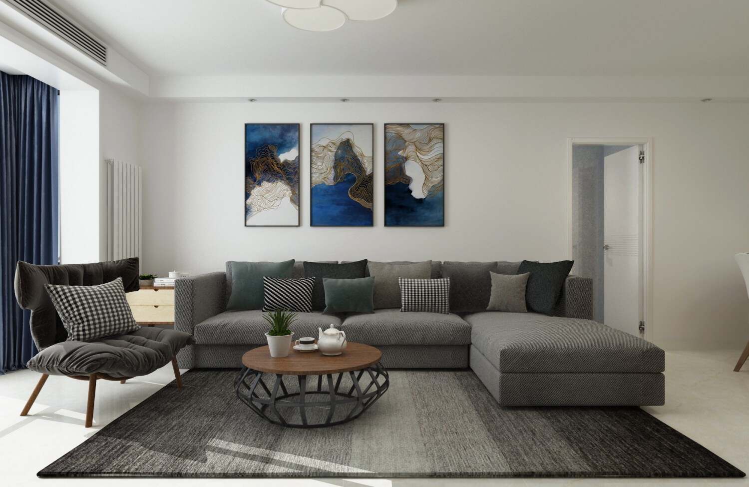 灰色格调现代简约风120平公寓精装客厅效果图