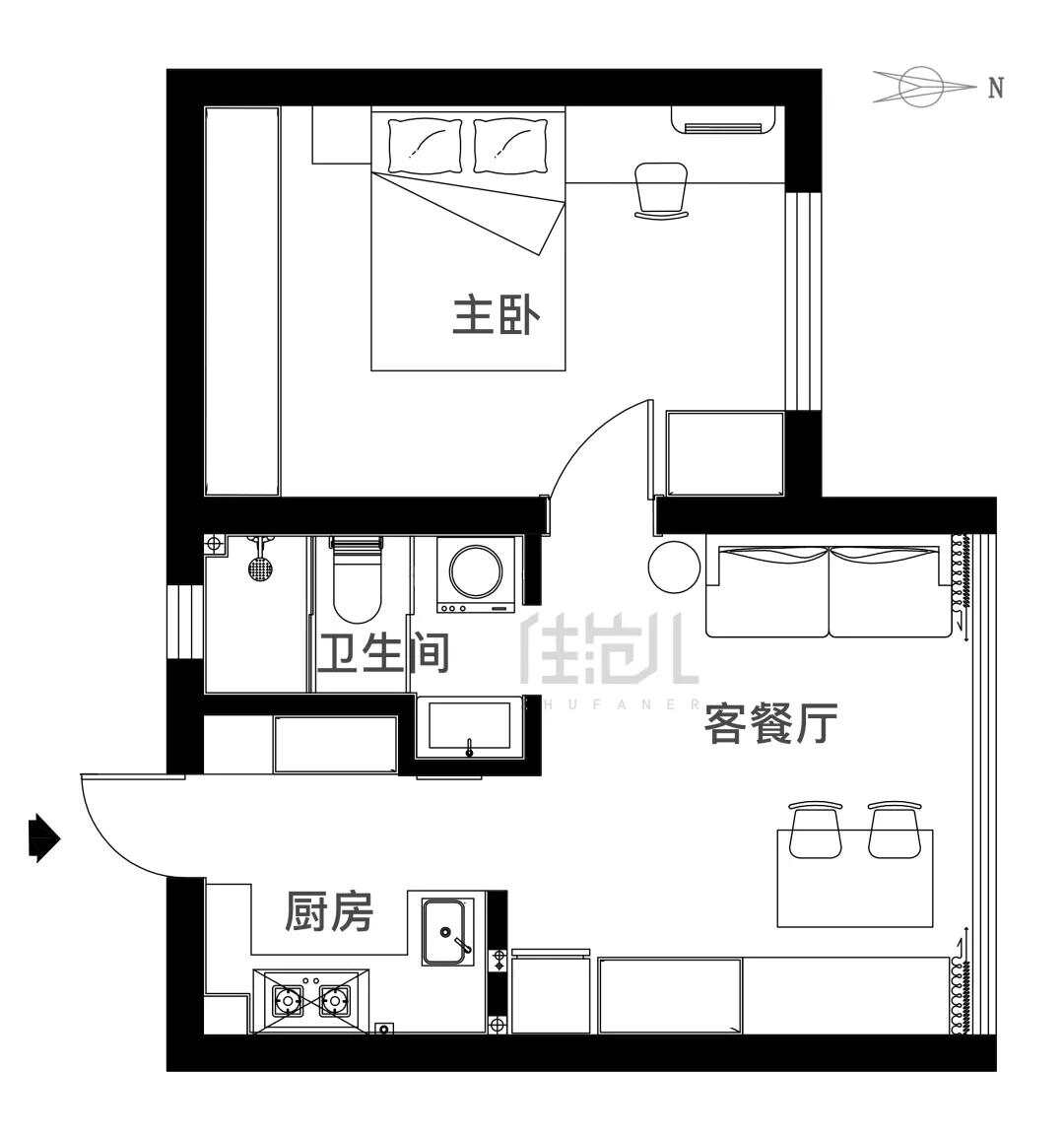 43m²一居室现代简约-户型