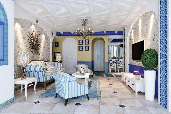 二居室蓝色装饰地中海客厅设计实景图