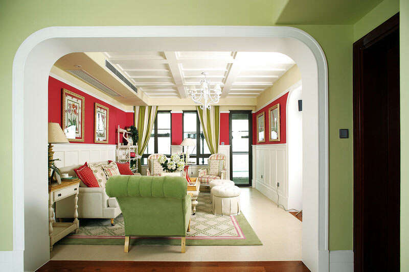 美式田園風紅綠色搭配客廳裝修效果圖