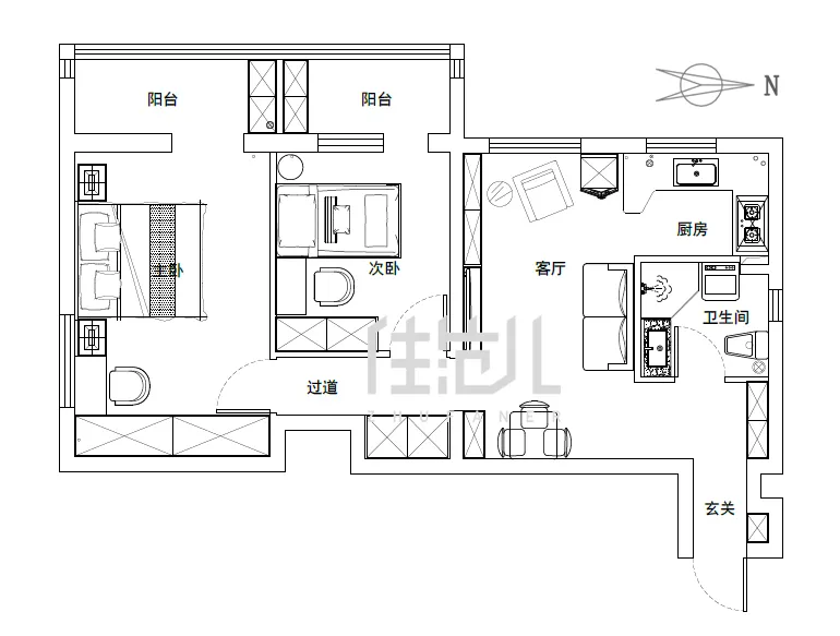 63m²两居室现代简约-户型