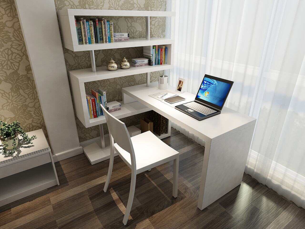 现代简约书桌书柜,靠墙书桌书柜效果图,木工做的书桌书架图片_大山谷图库