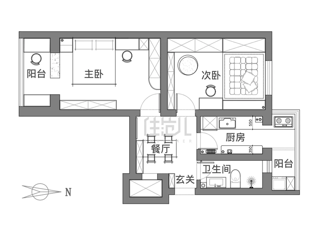 61m²两居室现代简约-户型