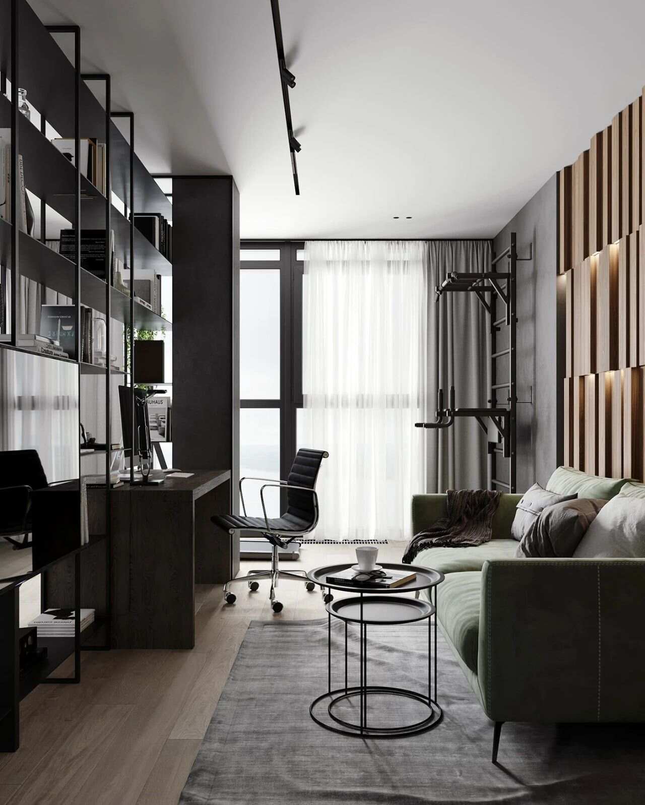 极具质感的灰色空间，搭配浪漫的咖啡色，营造出内敛而不张扬的轻奢空间。灰色的客厅空间，摆配一组咖啡色的布艺沙发。