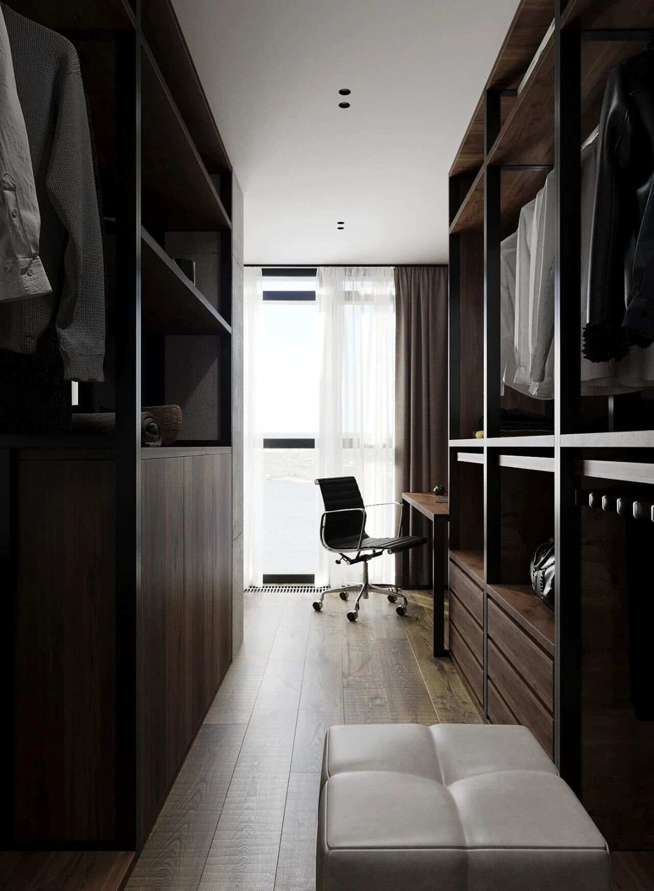 深灰色与空间里，搭配这样的衣帽间还可以充当办公桌或其它物品进行点缀，酷炫的空间立即变得如此大气。
