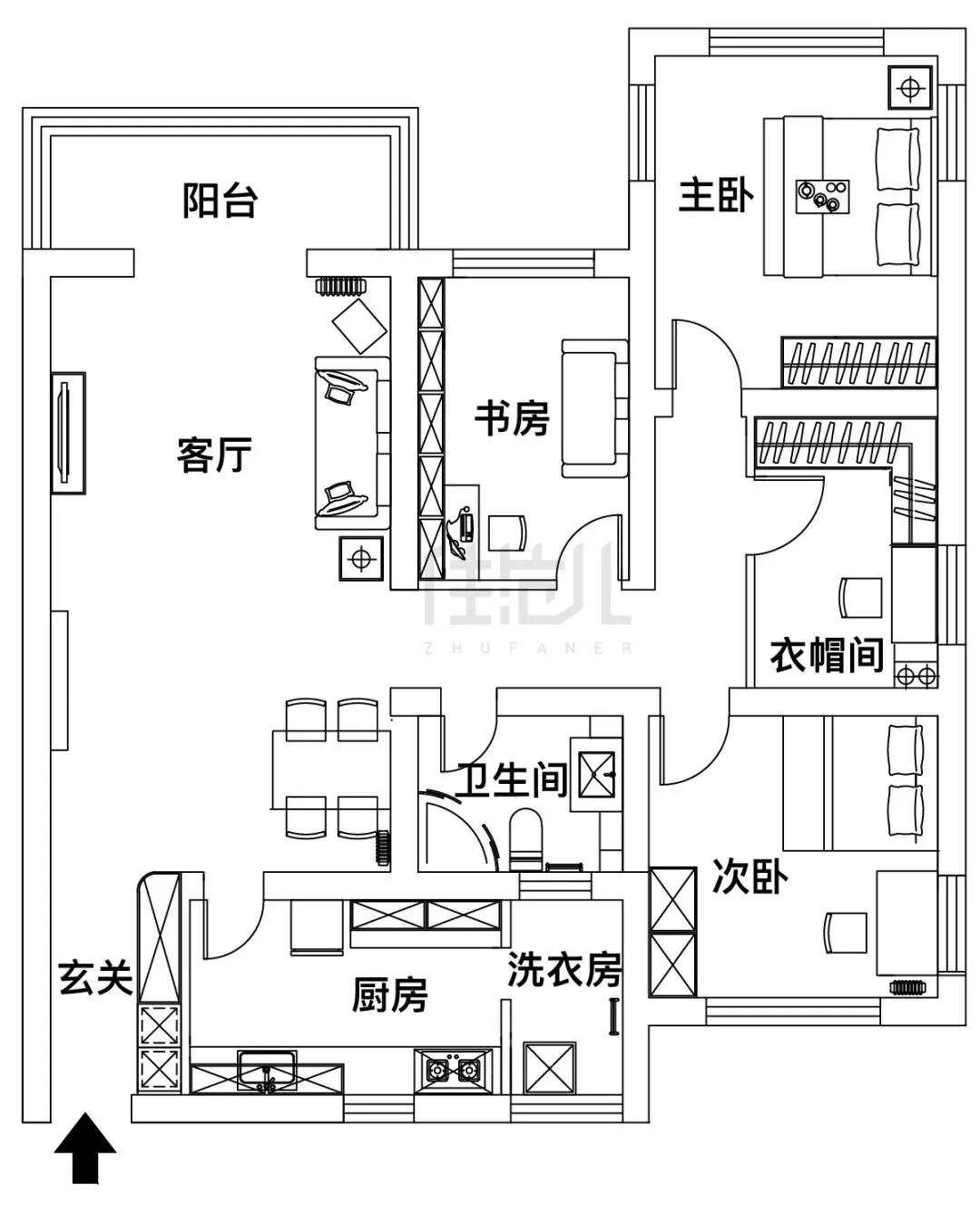 112m²三居室混搭-户型