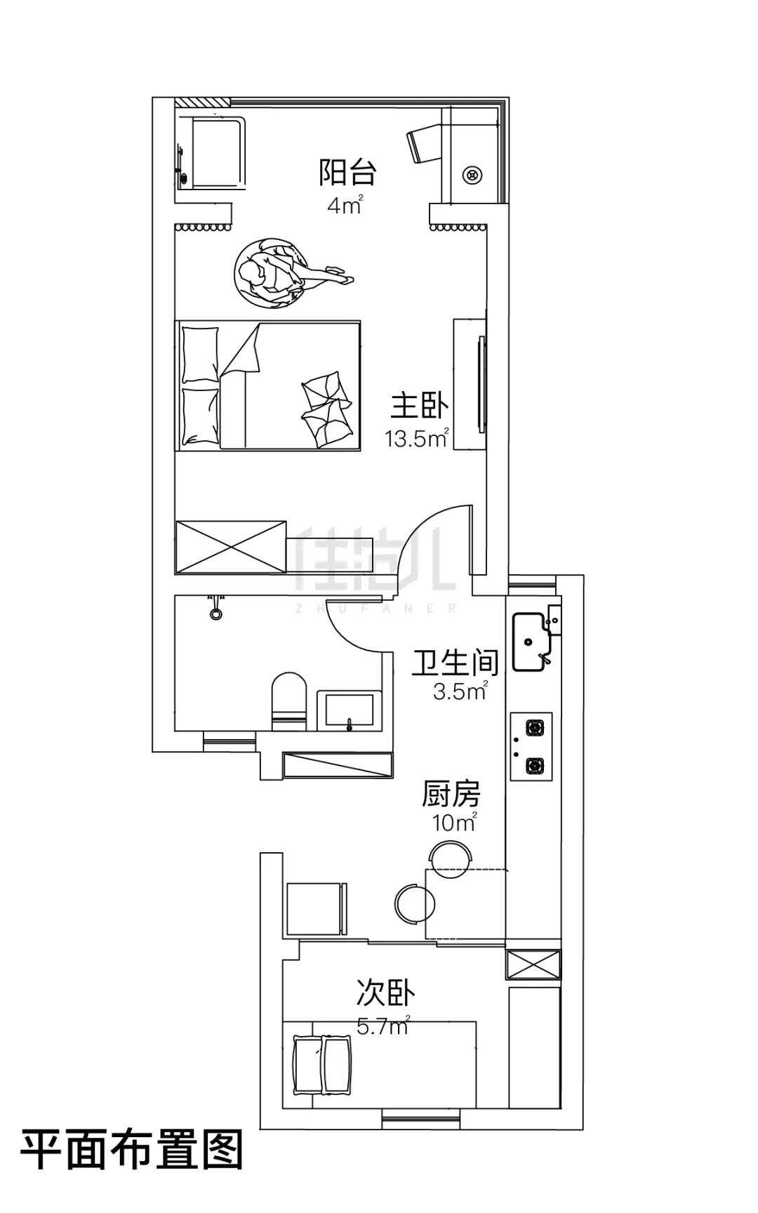 50m²两居室现代简约-户型