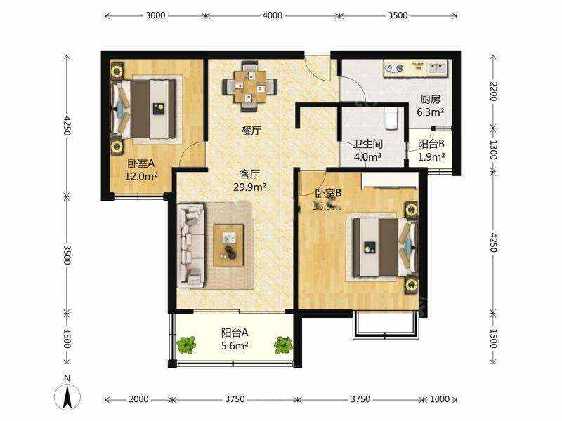 66m²两居室现代简约-户型