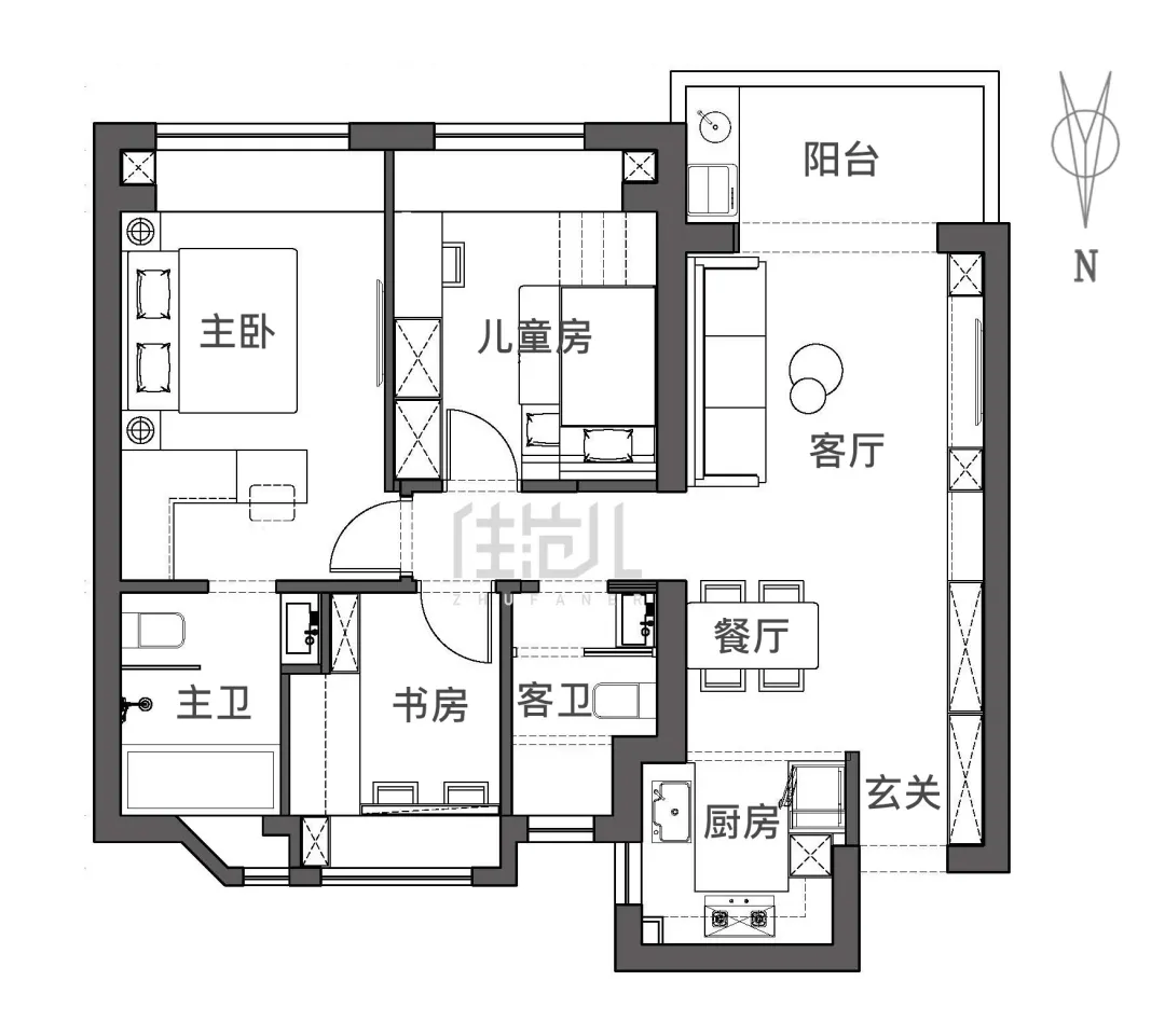 93m²三居室现代简约-户型